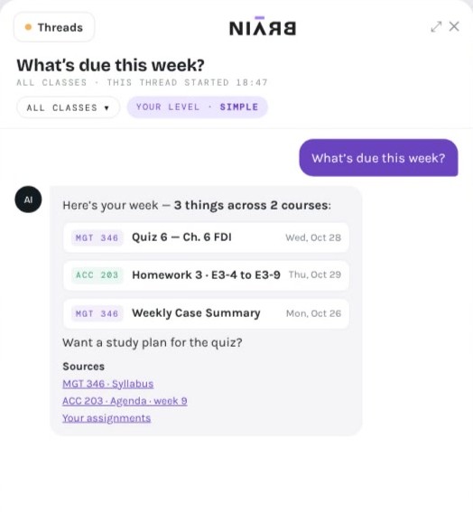NIARB AI answering what is due this week, with sources